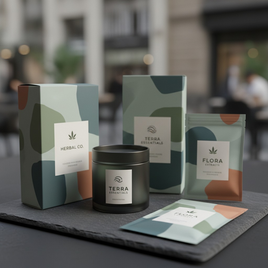 A collection of Terra Essentials and Flora Extracts wellness products in branded packaging sits on a slate tray.