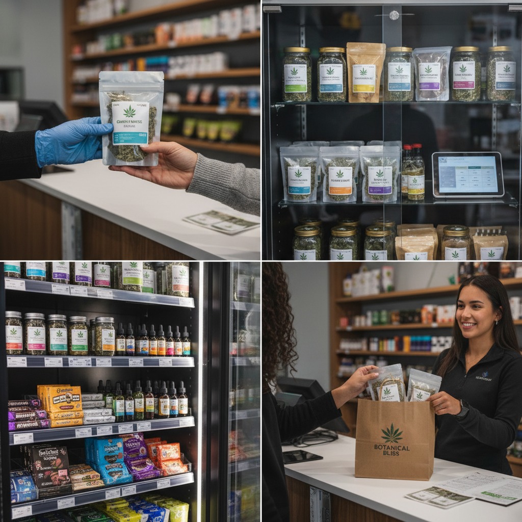 A collage shows a retail cannabis shop with staff assisting customers, displaying products in glass jars and pouches, and packing items into branded paper bags.