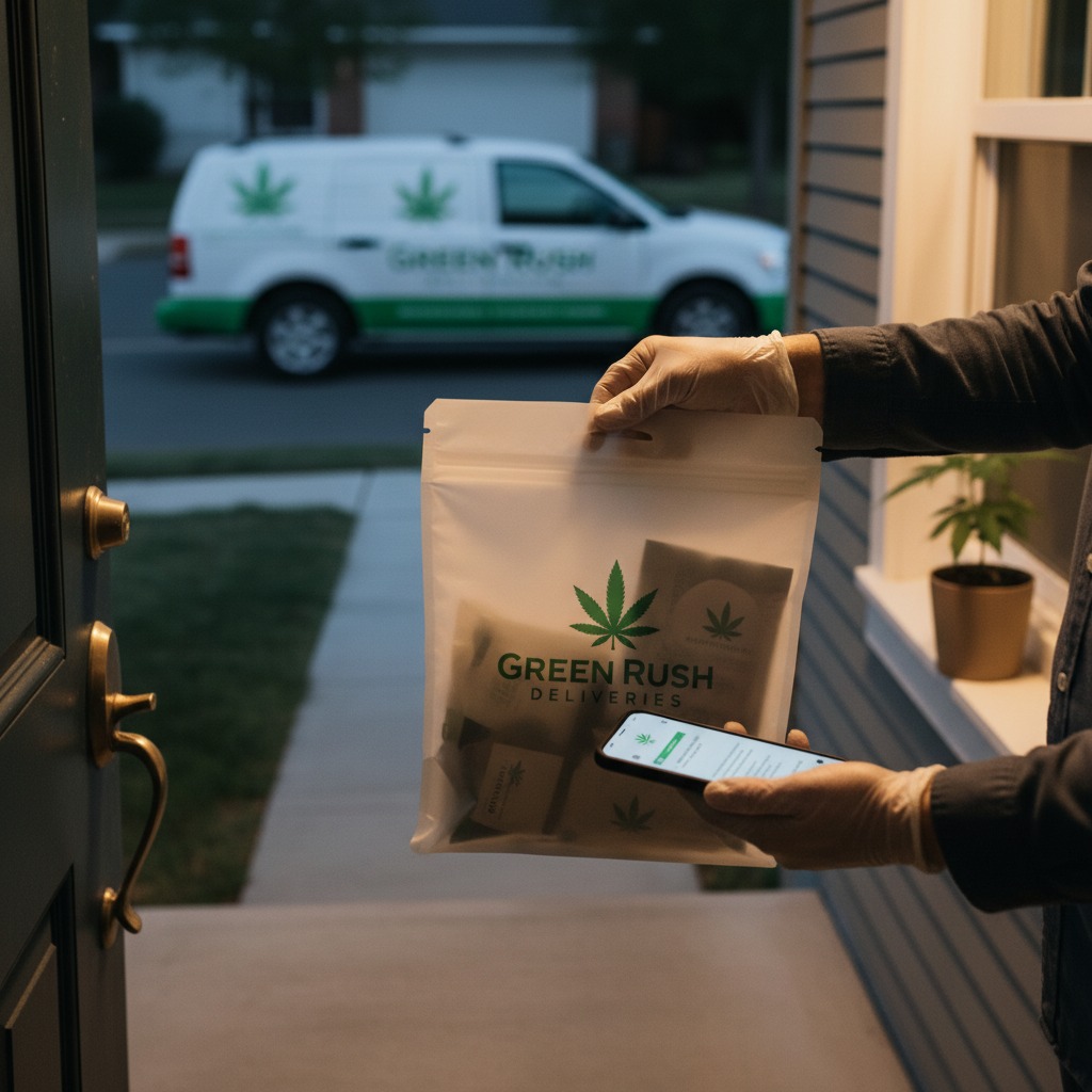 A delivery person wearing gloves holds a branded Green Rush Deliveries bag and a smartphone at a customer's front door with a delivery van parked in the background.